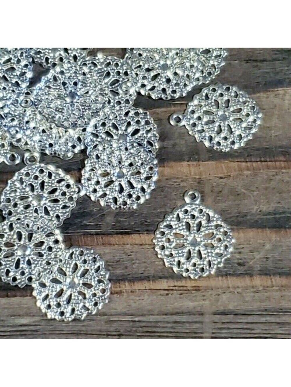 Silver Plated Byzantine Style Filigree Charms Lightweight Stamped Brass 10 pcs